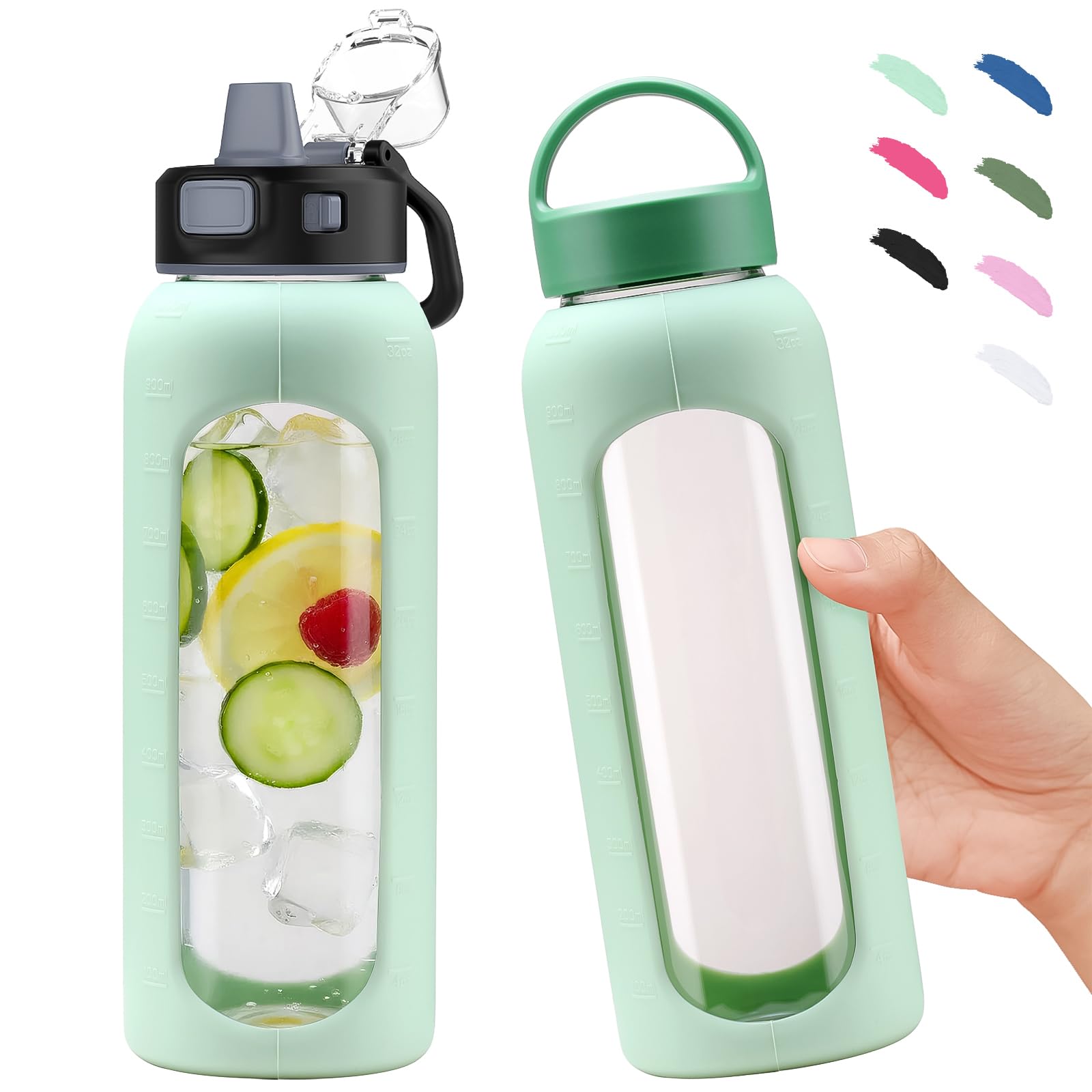 BLUEGO Glass Water Bottle, Light Blue, 900ml