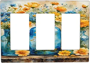Decorative Outlet Covers Rustic Yellow Flowers Floral Blue Bottles 3 Gang Wall Plate Triple Rocker Light Switch Cover Plate Jumbo Electrical GFCI Faceplate for Country Bedroom Home Decor