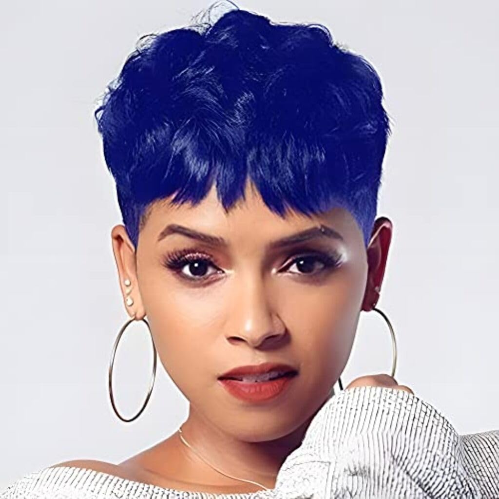 Short Pixie Cut Hair Wigs with Bangs Natural Synthetic Colorful Hair Wigs for Black Women 5 Colorful Available (Nicelatus -918blue)