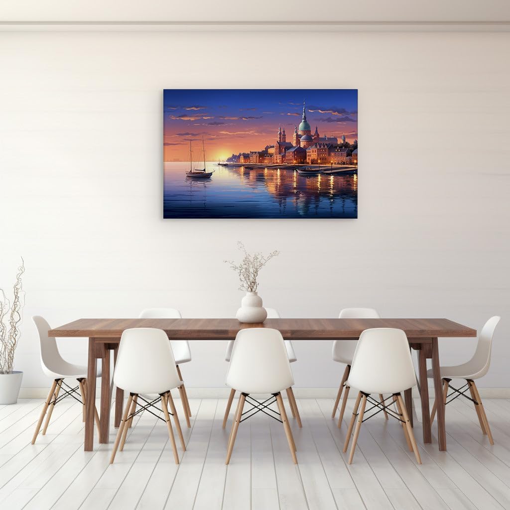 Canvas for Living room. Sunset Serenade: A Waterfront Cityscape Bathed in Warm Hues, 27 x 18 inch Canvas Wall Art - Contemporary Masterpieces - Modern Home Decor