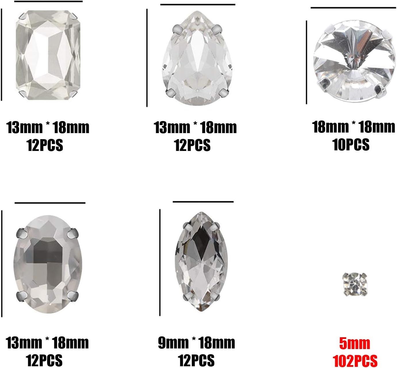 160PCS Glass Sew on Rhinestones, Flactback Sew On Claw Crystals for Crafts Costume Clothes Jewelry (Crystal Clear/White, Mixed Shapes)