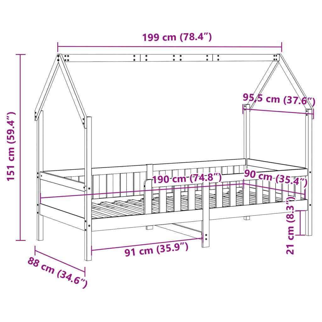 Casa infantil de 90 x 190 cm pino macizo sin tratar con somier, cama de juegos para habitación infantil con espacio de almacenamiento, espacio para invitados en habitación juvenil