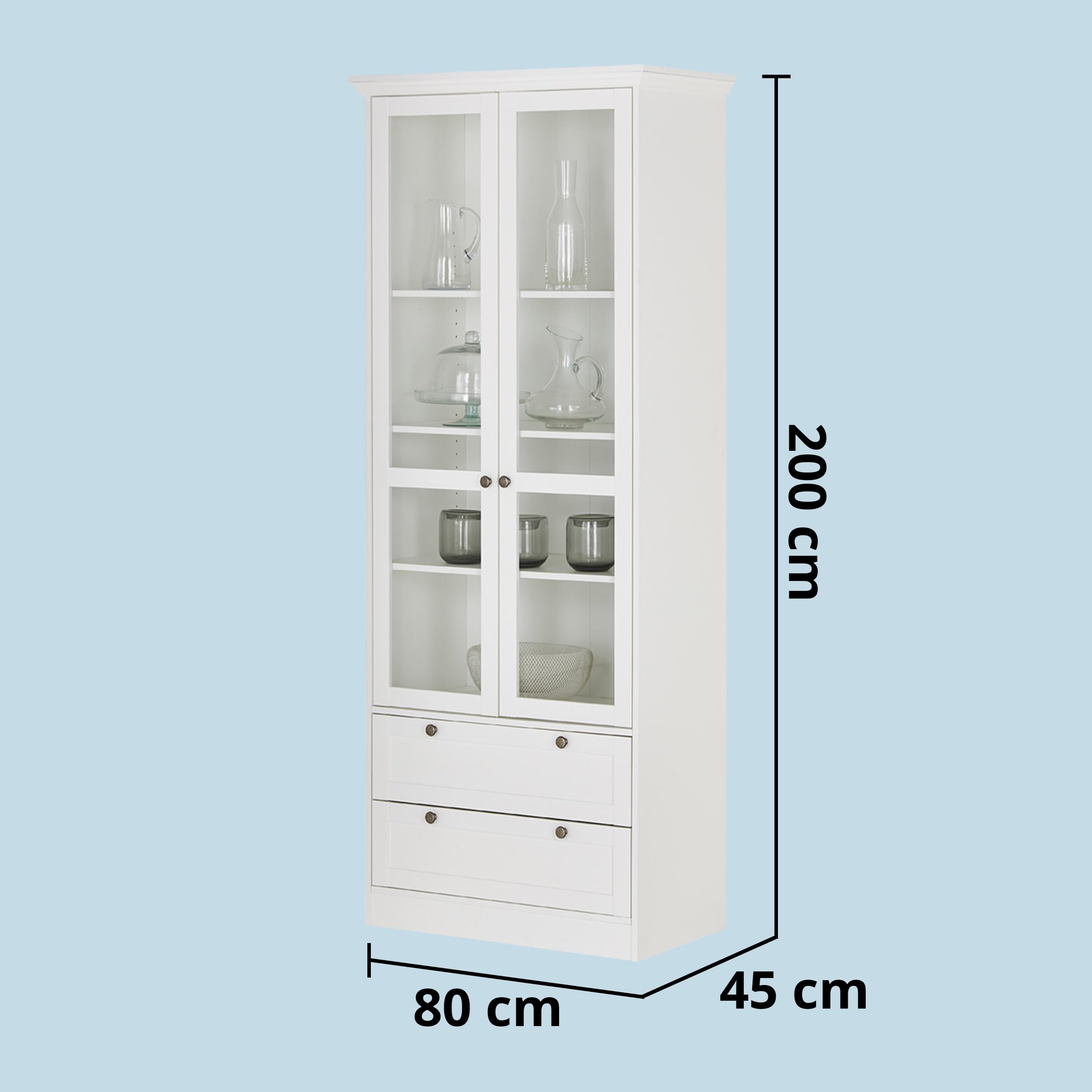 KHG Vitrine weiß 2 Drehtüren mit Glaseinsatz 2 Schubkästen 3 höhenverstellbare Einlegeböden Holzwerkstoff beschichtet Landhaus Stil