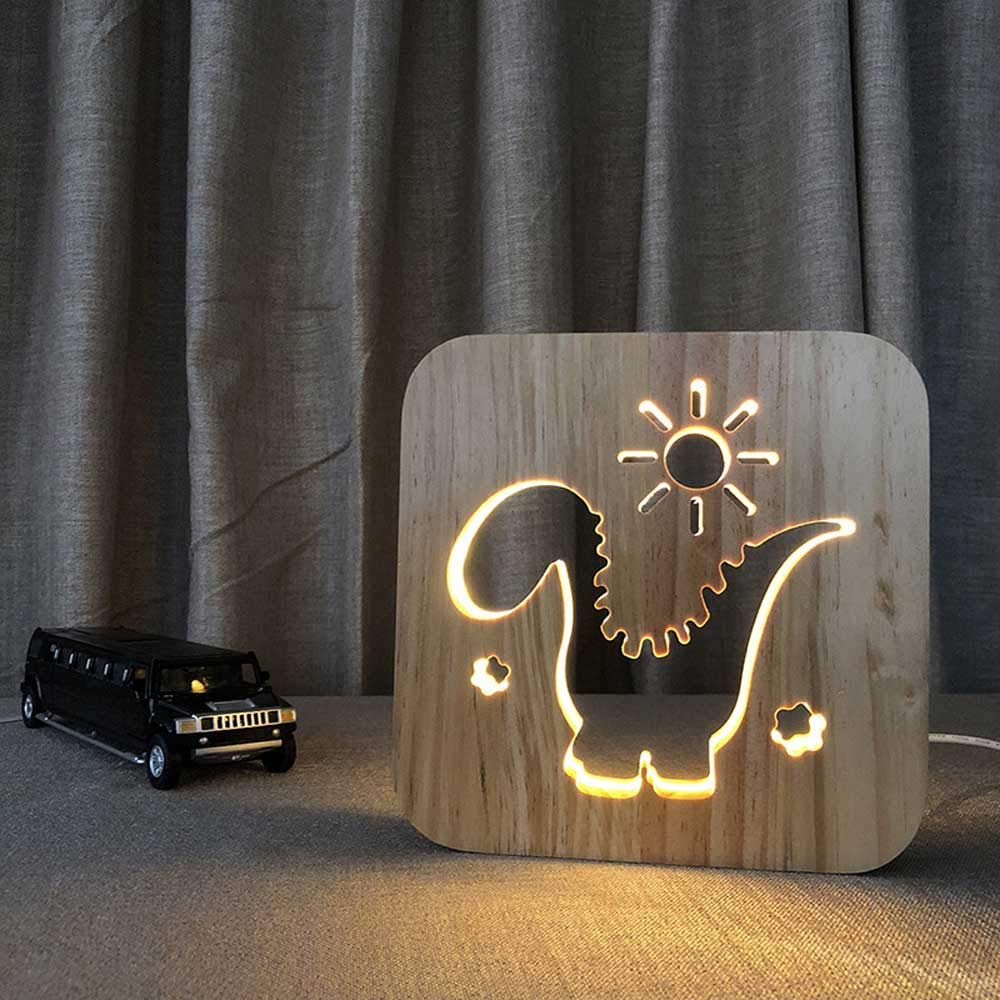 Veilleuse LED en bois sculpté dinosaure USB 19cm pour table de chevet
