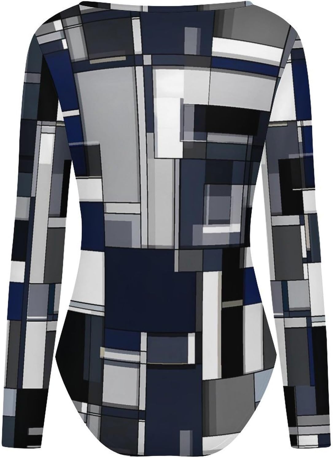Mondrian Style Navy Blue Irregular Women's Bodysuits Long Sleeve Top 5XL