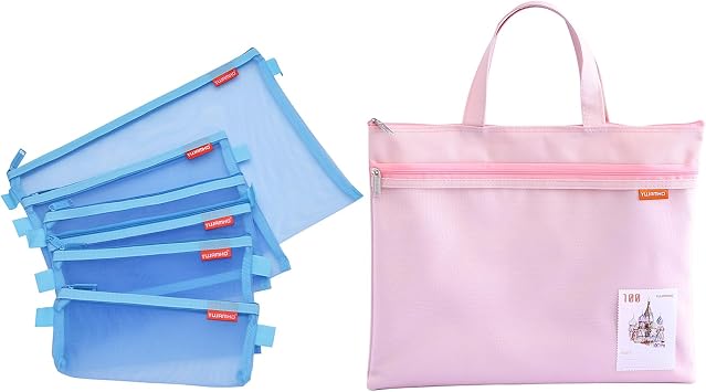 Pendancy Mesh Zipper Pouch Bundle, 5pcs Size Lightweight Nylon File Folders + A4 Size Large Double Pocket Waterproof Foldable File Bag with Handle