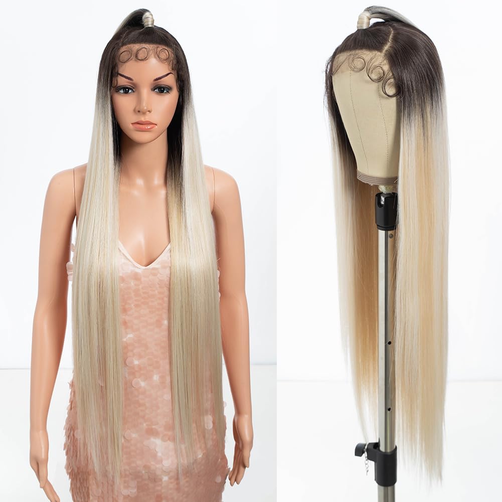 Style Icon 13x4 Super Long Straight Lace Front Wigs 38 inch Updo Style Ombre Blonde Straight Hair Wig for Women Synthetic Free Part Wig