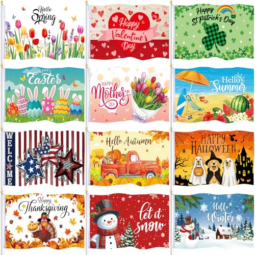 SmoothNovelty 12 Pcs Seasonal Garden Flag 3 x 5 ft Yard Flags for Outside Double Sided Holiday Banner with Grommets for Spring Summer 4th of July Outdoor Banner Decorations(Fashion)
