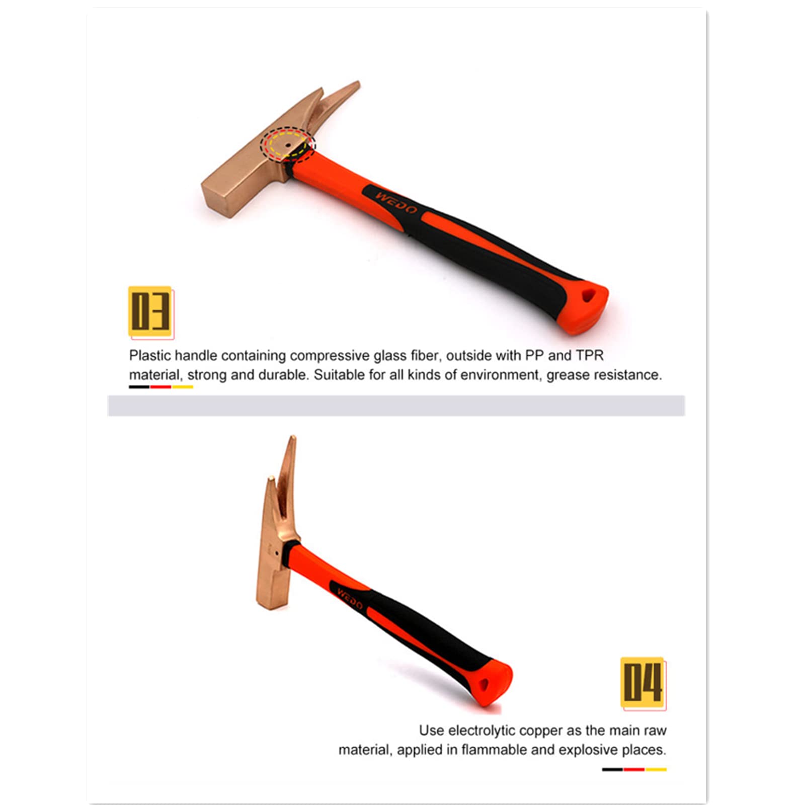 WEDO Martillo de carpintero sin chispas, martillo de marco de 500 g con mango de fibra de vidrio, martillo de garra recta de cobre berilio, longitud 300 mm, no magnético, certificado BAM y FM
