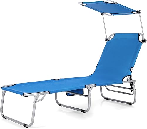 Miniatura 9 de Tangkula Tumbona plegable para exteriores, silla de playa reclinable de 5 pliegues, silla reclinable para patio con toldo de 360 y bolsillo de