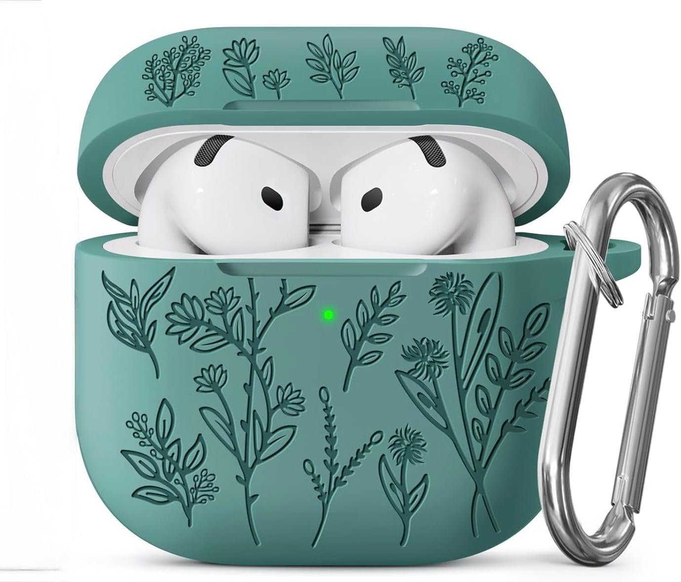 Meyaar Silicone Case for AirPods 4 Floral Embossed, Flower Engraved Soft Silicone Cover with Keychain, Anti-Scratch, Shockproof Protective Case Cover (Pine Green, for AirPods 4 (2024)