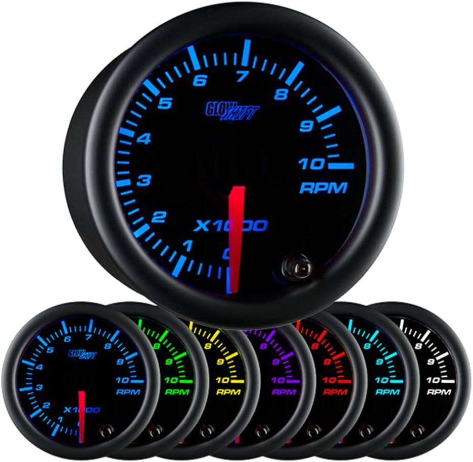 GlowShift Black 7 Color 10,000 RPM Tachometer Gauge - for 1-10 Cylinder Gas Powered Engines - Black Dial - Clear Lens - 2-1/16" 52mm