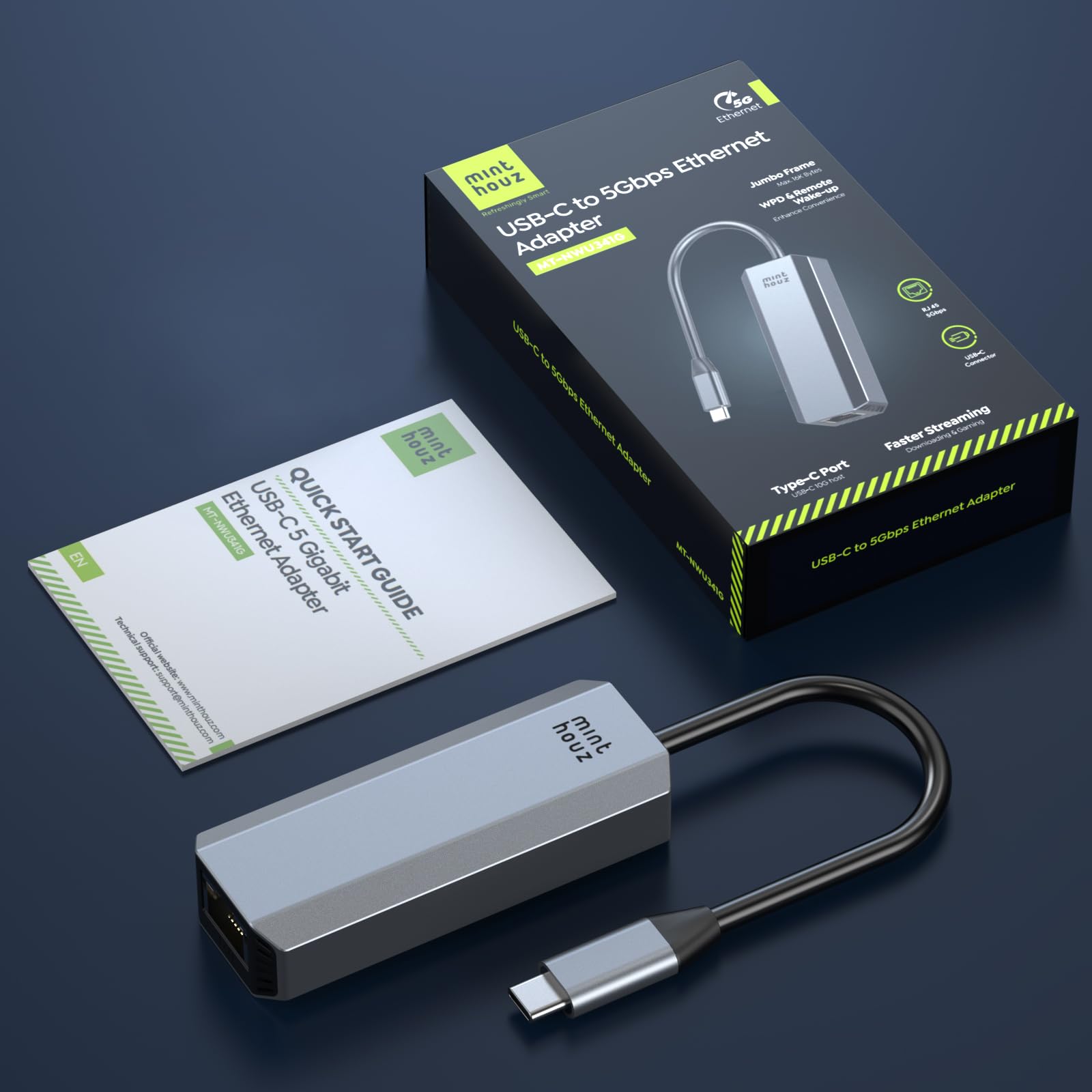 Minthouz Adattatore di rete da USB-C a Ethernet da 5 Gbps, adattatore di rete LAN da RJ45 a USB C 5 Gigabit, custodia in alluminio grigio, dongle di rete da Ethernet a USB, compatibile con laptop