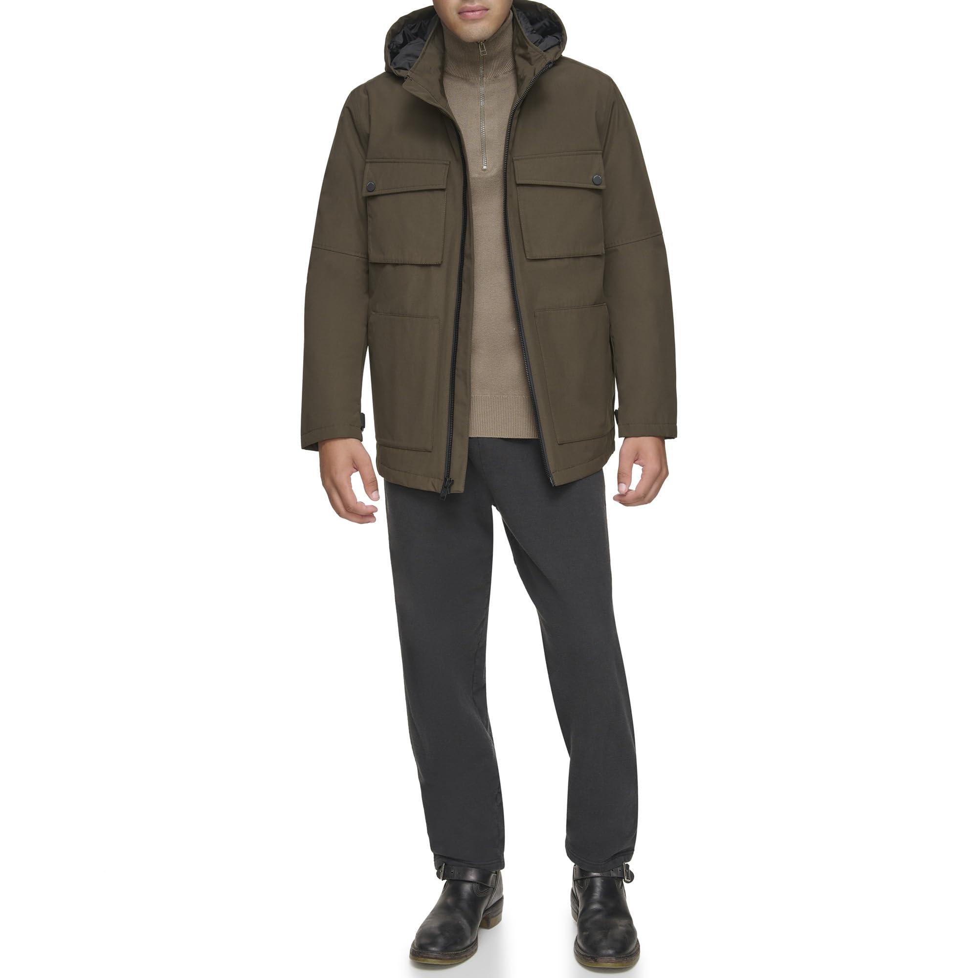 Andrew Marc Men's Rain Jacket with Removable Hood and Back Vent