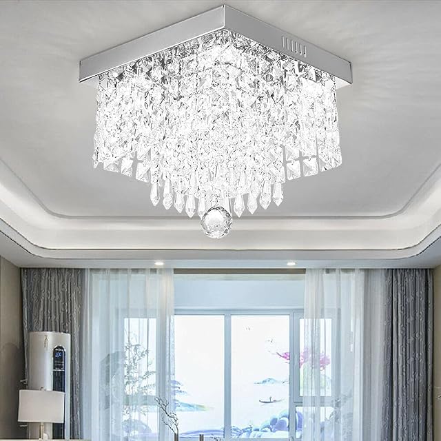 Hallway Crystal LED Chandeliers Modern Square Raindrop Flush Mount Ceiling Light Fixtures Lighting Pendant Lamp for Bedroom,Living Room Closet Foyer W10 (25CM/10 inch, White Light)