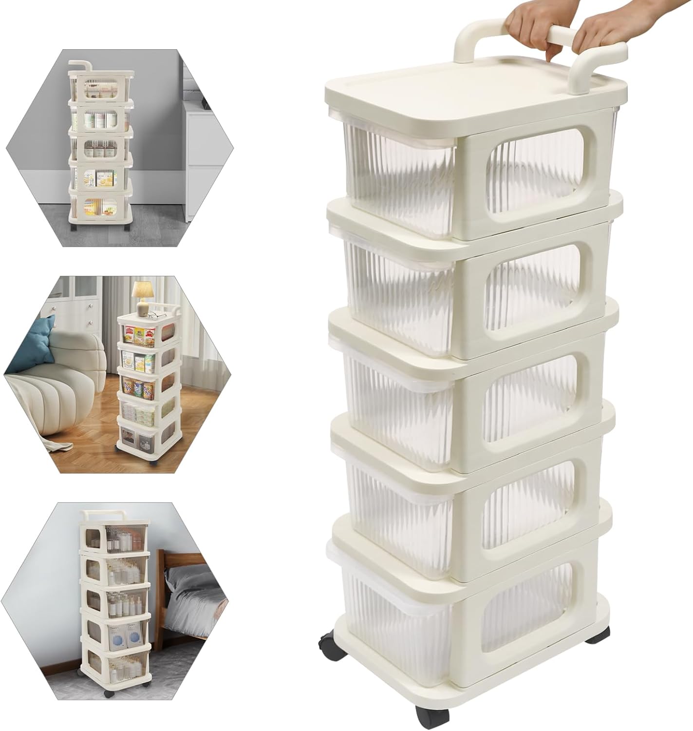 5 Drawer Plastic Storage Organizer, 5 Drawer Rolling Cart Storage Tower, Craft Storage Containers Bins/Drawer Cart Storage Tower White Frame with Clear Drawers 11.8×15×41.5inch