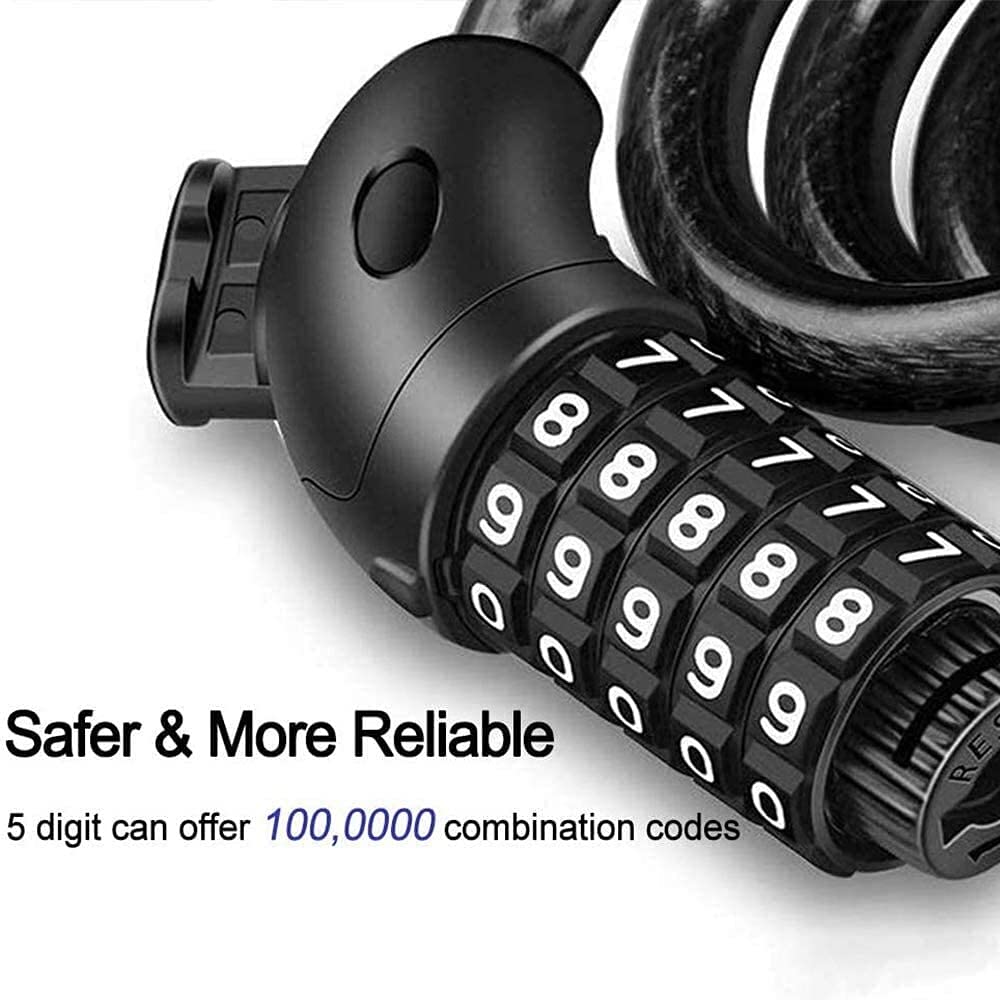 Candado de Cable para Bicicleta, combinación reiniciable de 5 dígitos de Alta Seguridad, núcleo Interior de 4,5 mm de Grosor y Cable de Acero Resistente, Negro, 1,2 m (Color: Negro; tamaño: 1,8 m)