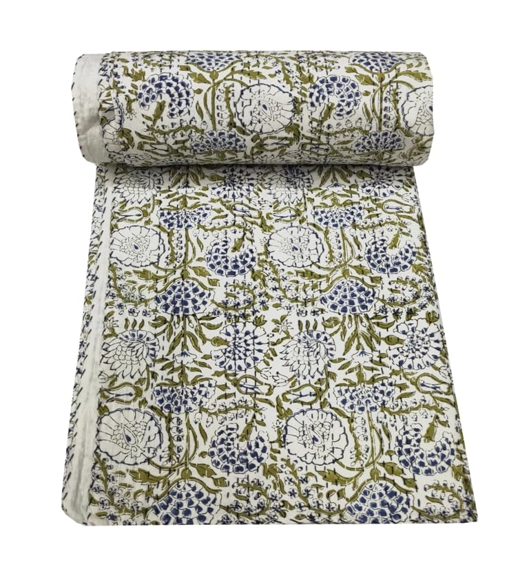 Yuvancrafts Indian Block Print Quilt Queen Kantha Quilts Kantha Throw Kantha Bedspread Blanket Cotton Bed Cover Quilt Boho Kantha Quilts Bedspread (Yellow 451, King (U.K. Standard))