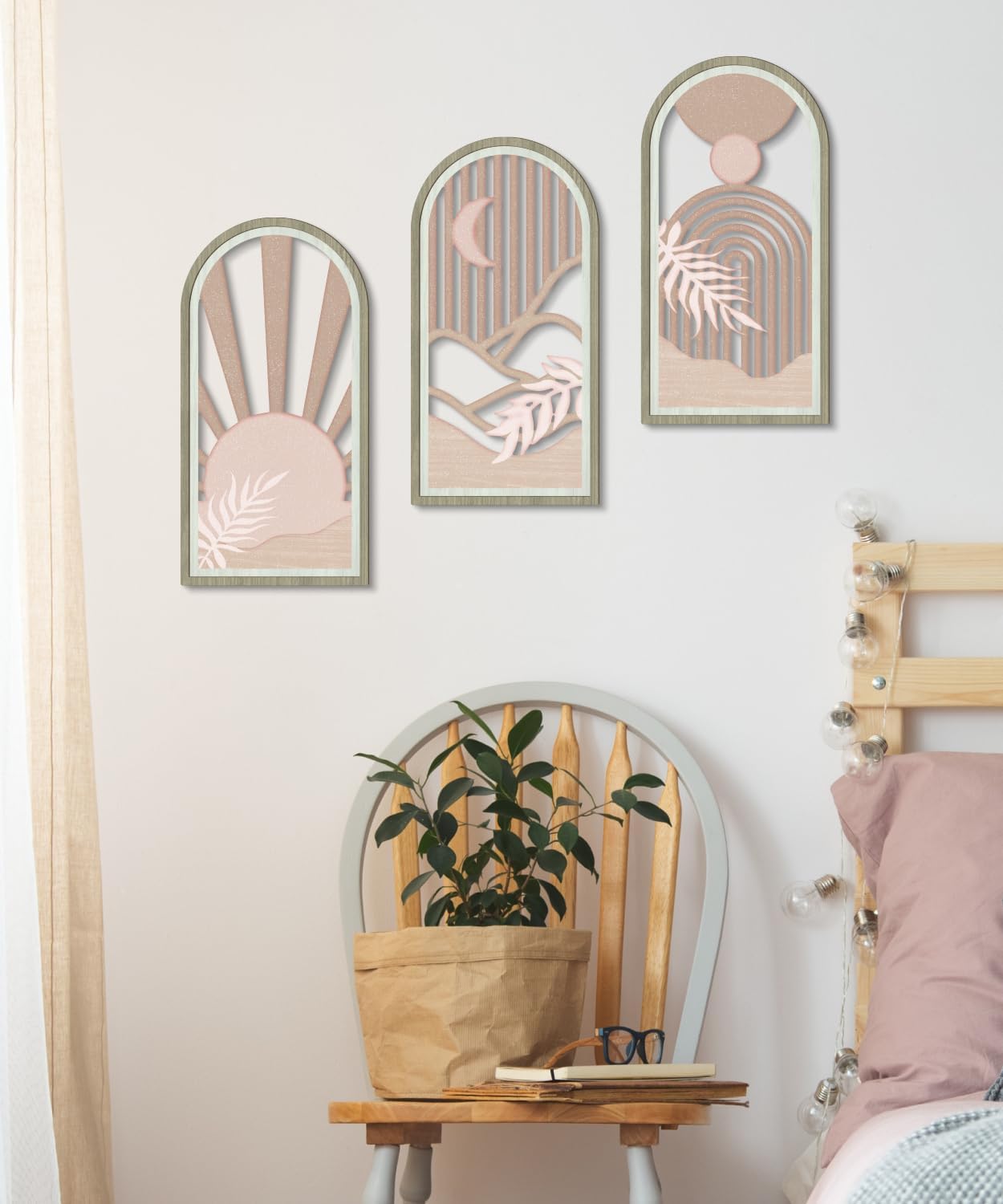 Putuo Decor Boho Sun Wall Art Set of 3, Abstract Pink Artwork, Mid Century Modern MDF Wooden Wall Decor for Living Room Bedroom Office, Arch Design 16x8in