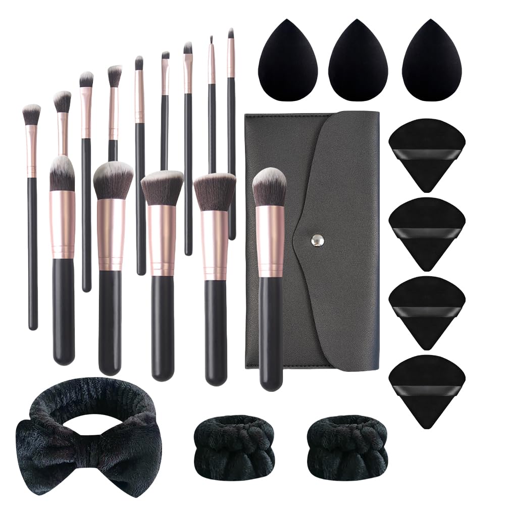 25Pcs Makeup Brush Sets with Wristbands and Headband, Including 14Pcs Makeup Brushes, 3Pcs Blender Sponge, 4Pcs Powder Puffs, Multi-functional Makeup Tool Set for Women and Girls (Black)
