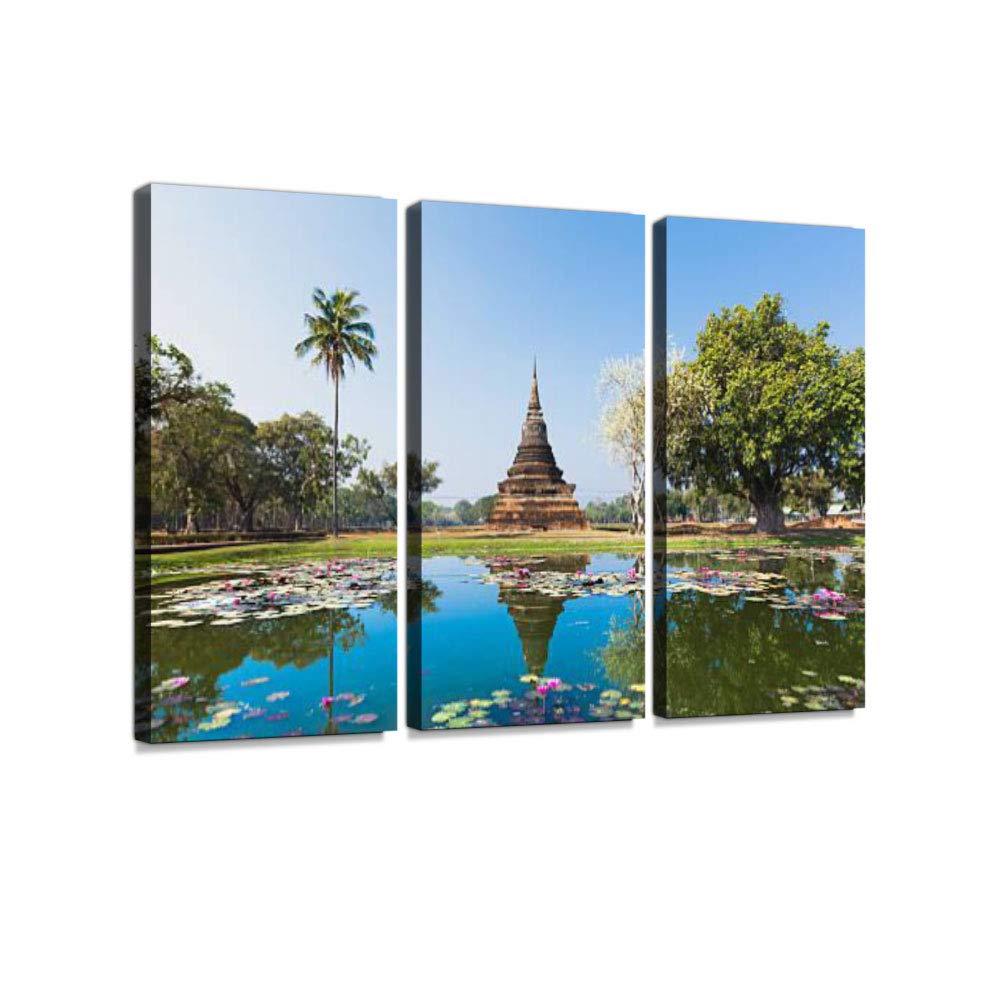 Sukhothai Temple Lake Panorama 3 Pieces Print On Canvas Wall Artwork Modern Photography Home Decor Unique Pattern Stretched and Framed 3 Piece