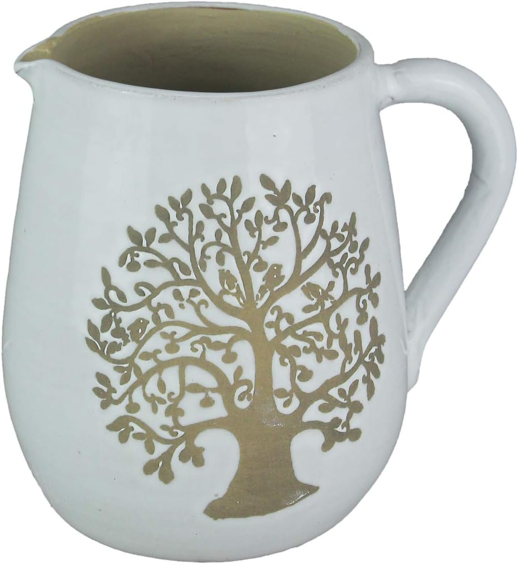 White Ceramic Vintage Finish Family Tree Design Decorative Pitcher