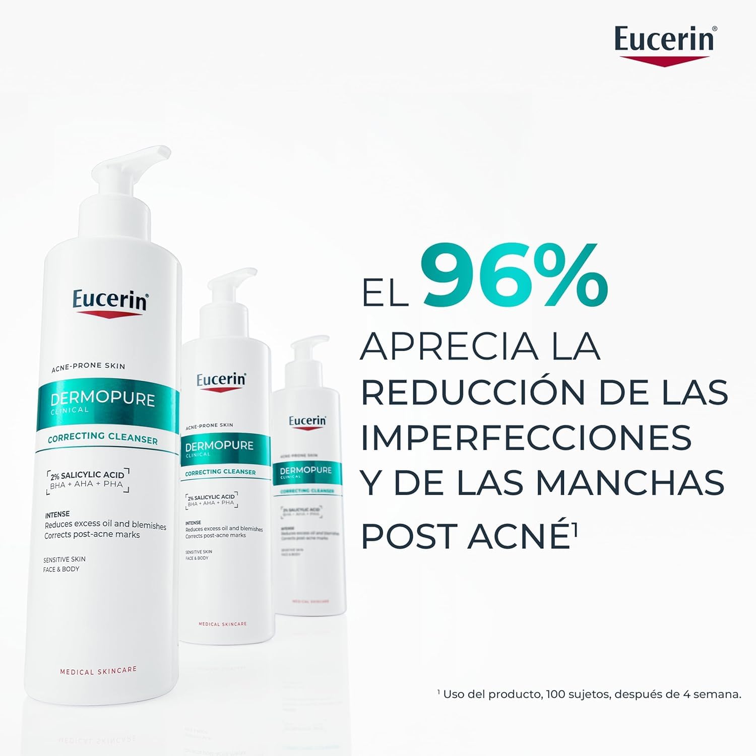 Eucerin DermoPure Clinical Gel Limpiador Corrector (400 ml), limpiador facial y corporal contra manchas, imperfecciones y brillos con Ácido Salicílico, para piel con tendencia acneica