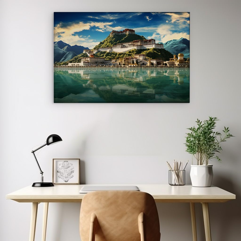 Canvas for Living room. Serene Majesty: Potala Palace's Reflection in Lhasa's Tranquil Waters, 27 x 18 inch Canvas Wall Art - Ready to Hang