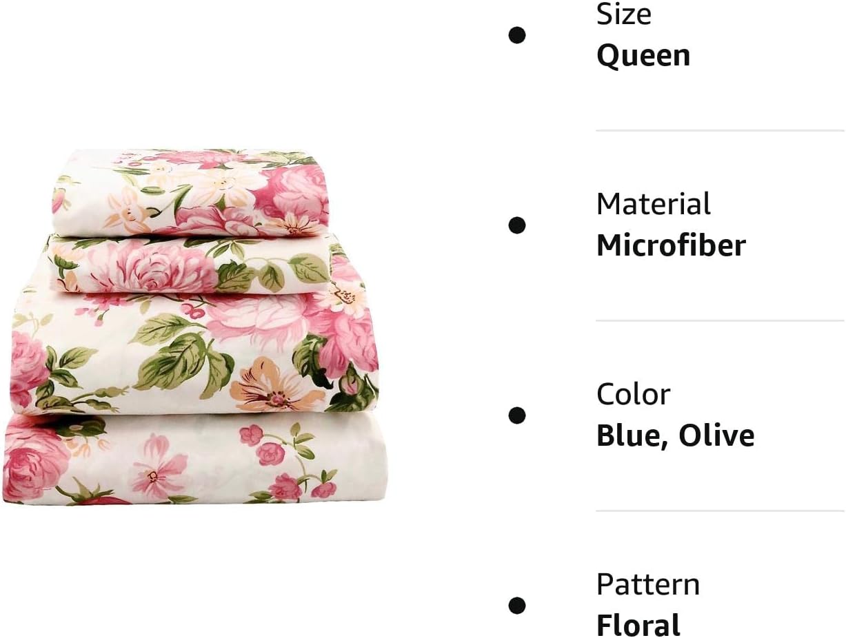 jaycorner 1800 Series Beautiful Bedding Super Soft Sheet Set Floral Pink & Olive (Queen Size)