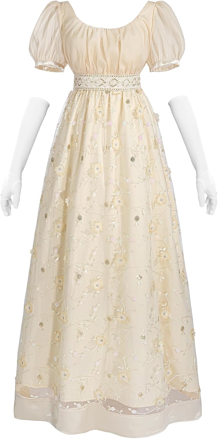 LTAKK Regency Dress Women Regency Costume Empire Waist Tea Party Victorian Gown with Gloves