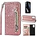 Produktbild Artfeel Reißverschluss Brieftasche Hülle für Samsung Galaxy A41,Bling Glitzer Leder Handyhülle mit Kartenhalter,Flip Magnetverschluss Stand Schutzhülle mit Handschlaufe-Roségold