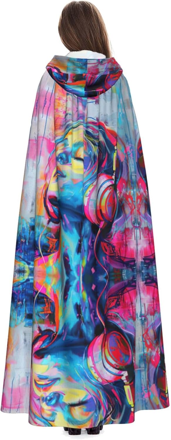 Music print Hooded Robe Cloak Long Cape Cosplay Costume Halloween Witch Cosplay Robe for Men Women