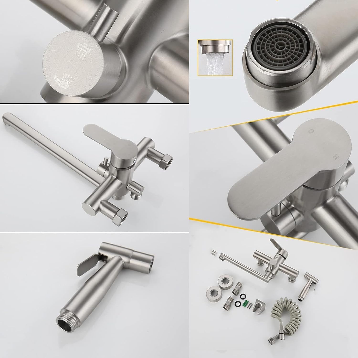 Wall Mount Kitchen Sink Faucet,Brushed,Single Level Stainless Steel Kitchen Sink Faucets,Wall Mount Faucet with Sprayer,Kitchen Sink in-Wall Double-Hole Hot and Cold