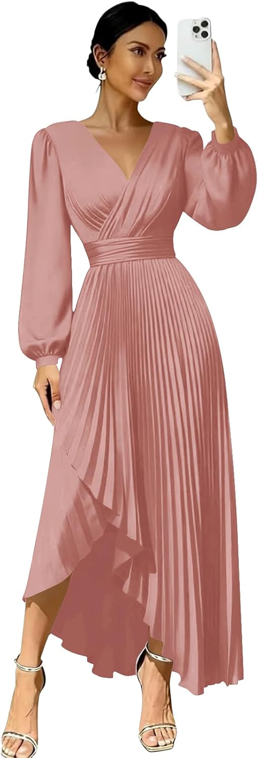 Long Sleeve Bridesmaid Dresses for Women Pleated Formal Evening Party Wedding Gown