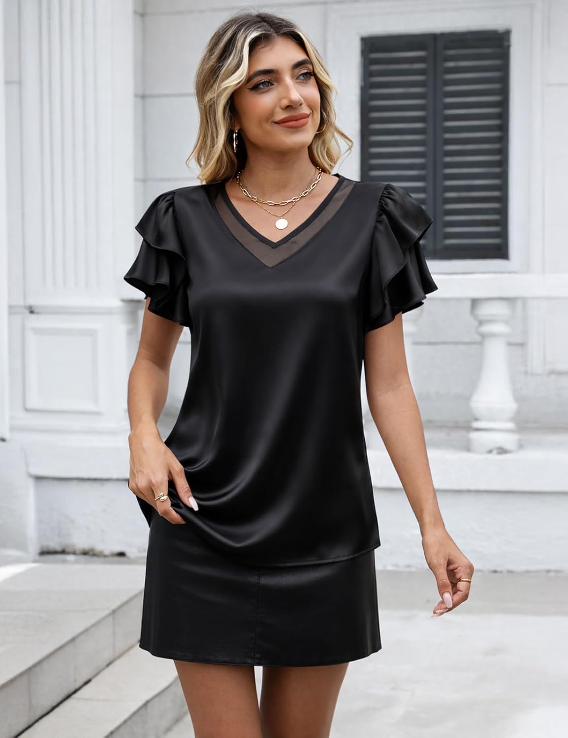 VIMPUNEC Womens Blouses Dressy Casual Ruffle Short Sleeve Shirts Summer Business Work Tops - Image 3