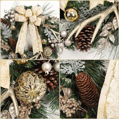 GAOMON 24" Christmas Wreath, Outdoor Christmas Wreath for Front Door, Battery Operated Xmas Wreath with Gold Ball Ornaments Pine Cones Antlers 20 LED Lights for Home Holiday Decor