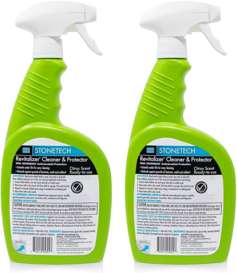 StoneTech Revitalizer Cleaner and Protector | Natural Stone Cleaner | Marble, Quartz, Granite Countertop Cleaner | 3-in-1 Cleans and Reseals | 2-Pack 24 oz Spray + Microfibers, Citrus Scent