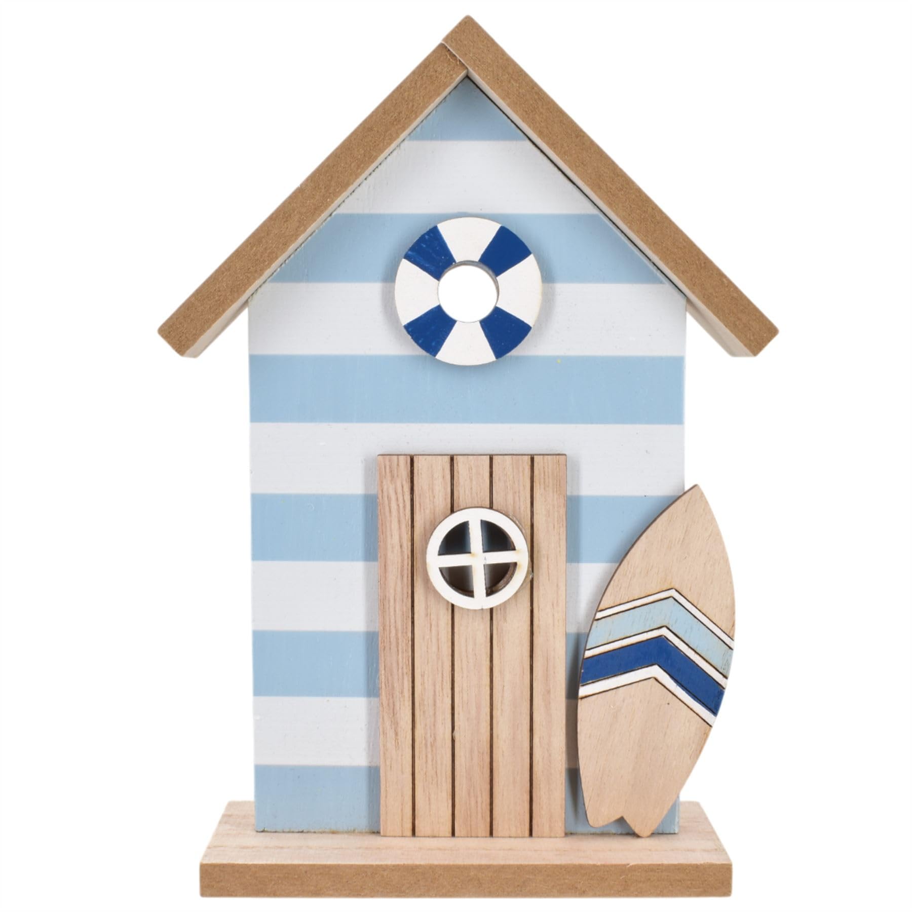 Carousel Home Blue Beach Hut Ornament | 20Cm Nautical Wooden Beach House Coastal Shelf Decoration With Surfboard & Life Ring