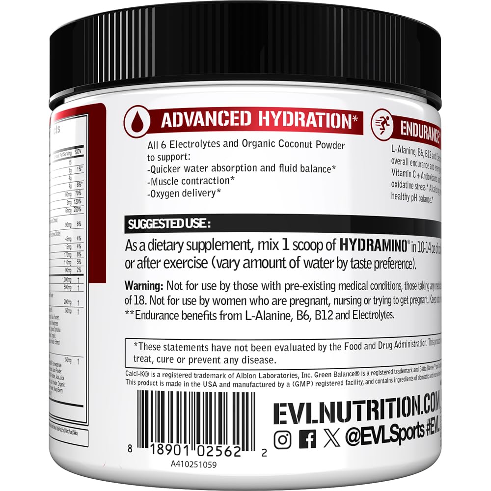 Evlution Nutrition HYDRAMINO Complete Hydration Multiplier, 6 Electrolytes, Vitamin C & B, Fluid Boosting Aminos, Coconut Water, Endurance, Recovery, Antioxidants, 30 Serve, Fruit Punch (Dye Free) — Amazon image 4
