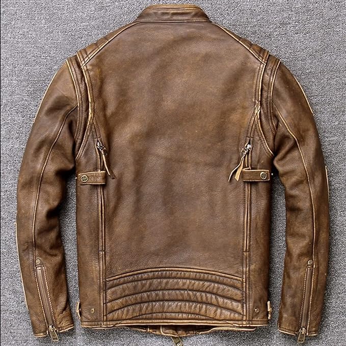 Image of inchClassic Brown Cowhide Men's Genuine Leather Jacket: Stand Collar Trucker Motorcycle Biker Vintage Style inch