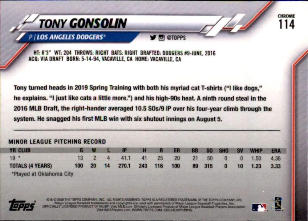 2020 Topps Chrome #114 Tony Gonsolin Los Angeles Dodgers MLB Baseball Card (RC - Rookie Card) NM-MT
