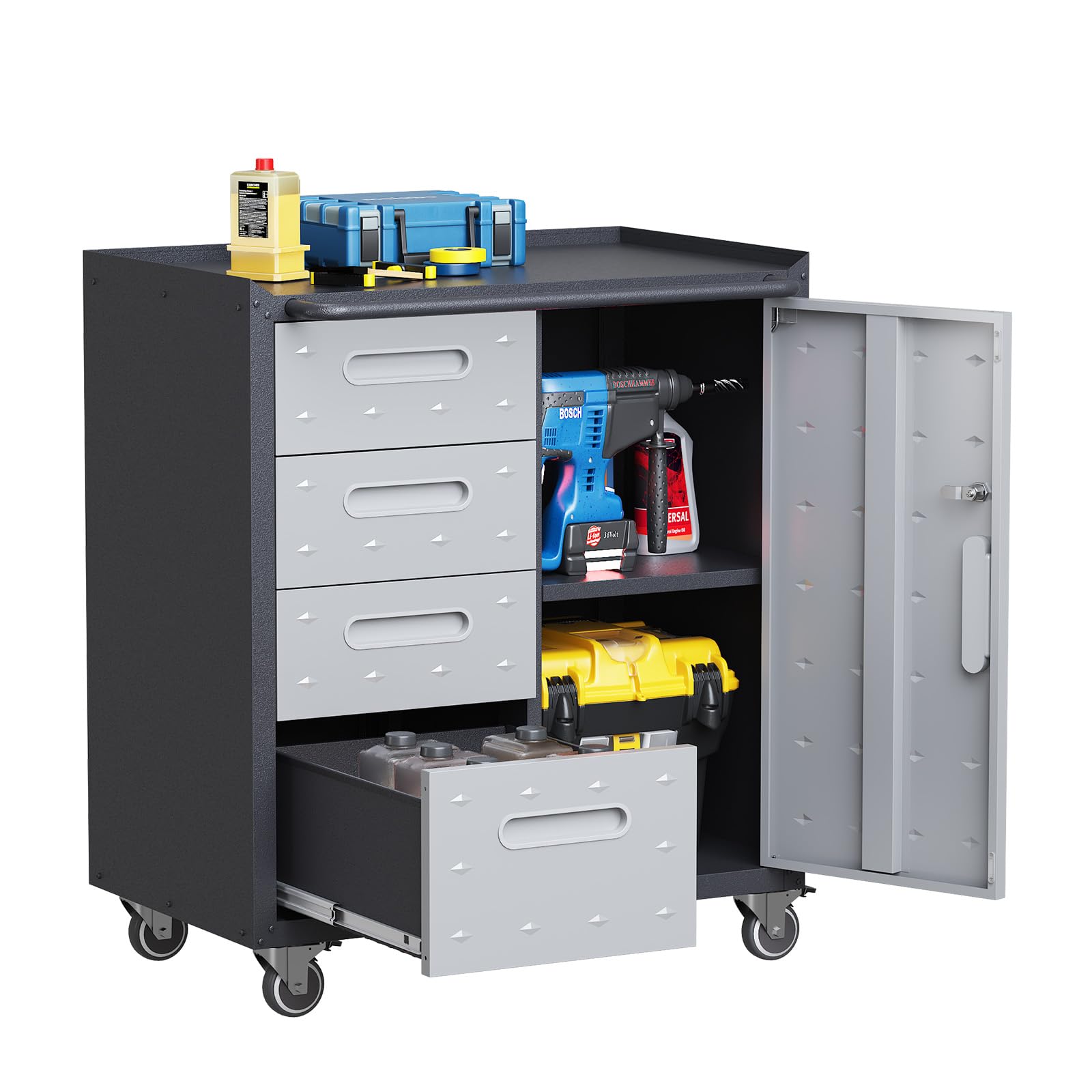 FLIXELIO Metal Storage Cabinet with Drawers Heavy Duty Steel Rolling Tool Cabinets on Wheels Garage Storage Cabinet Mobile Locking Tool Carts for