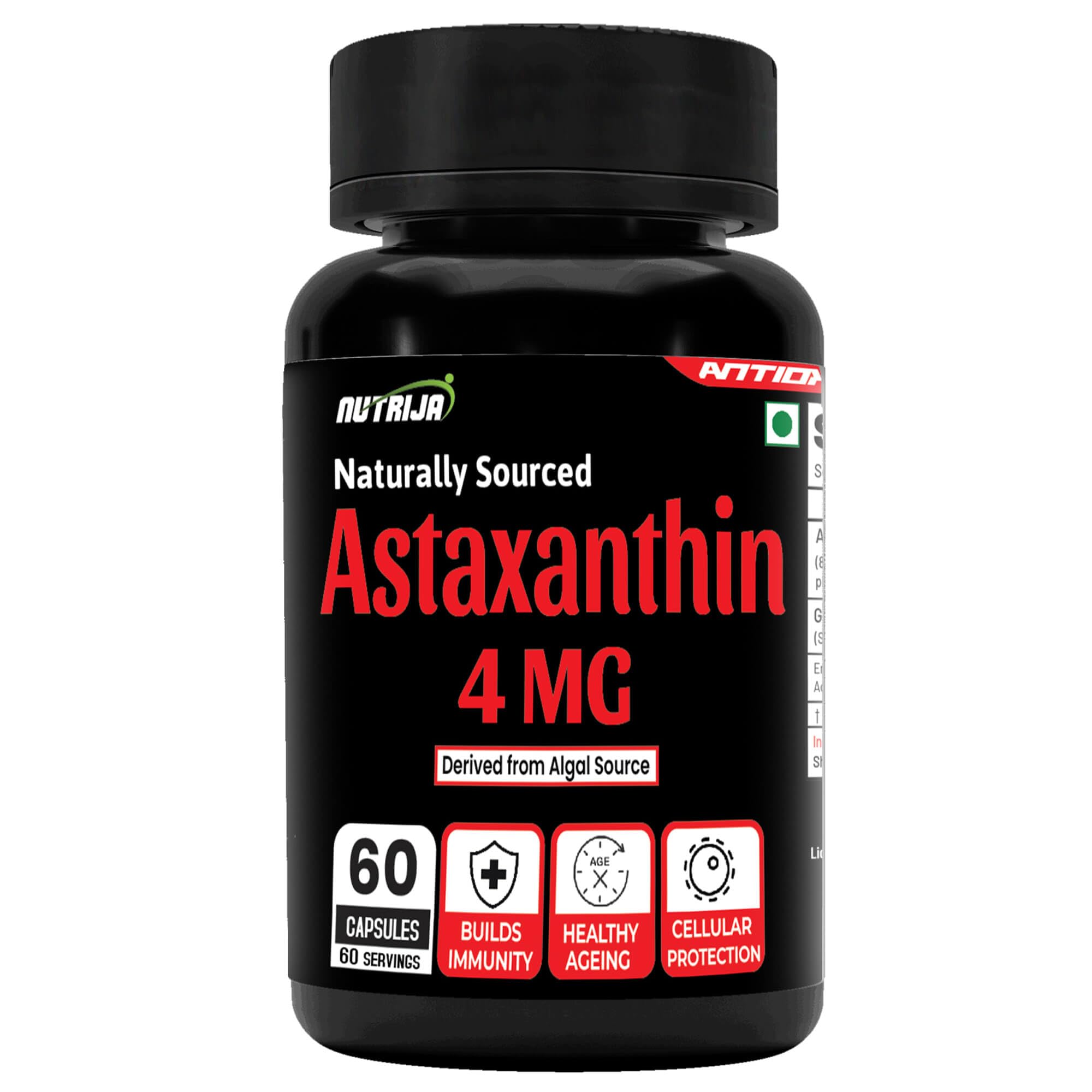 nutrija astaxanthin 4mg capsules – naturally sourced from algae, antioxidant supplement | supports cardiovascular health, support healthy ageing. (60 veg capsules)