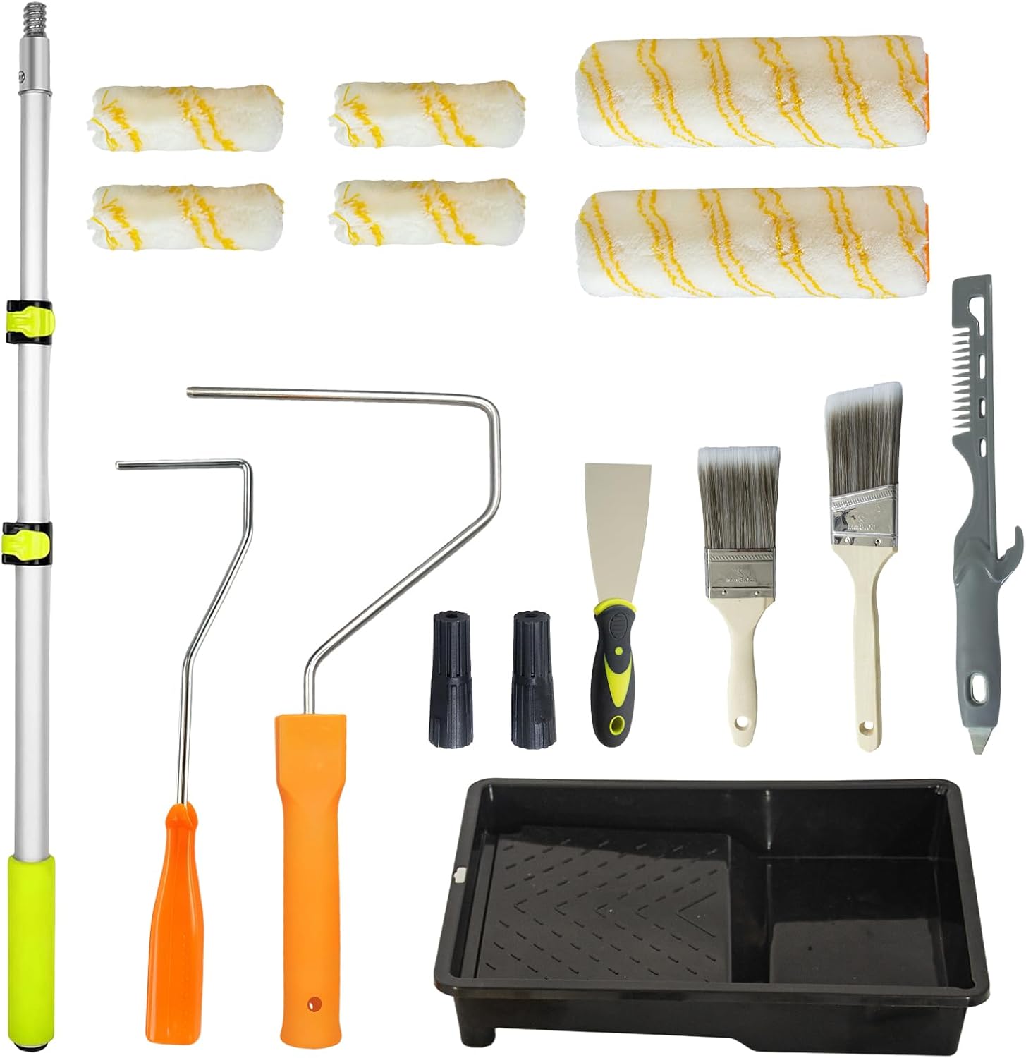 15PCS Paint Roller Kit with Extension Pole 2 to 4FT, 4" & 9" Paint Rollers, Microfiber Roller Covers, Paint Tray & Brushes for Professional Painting, House Painting Roller for Walls, Ceilings