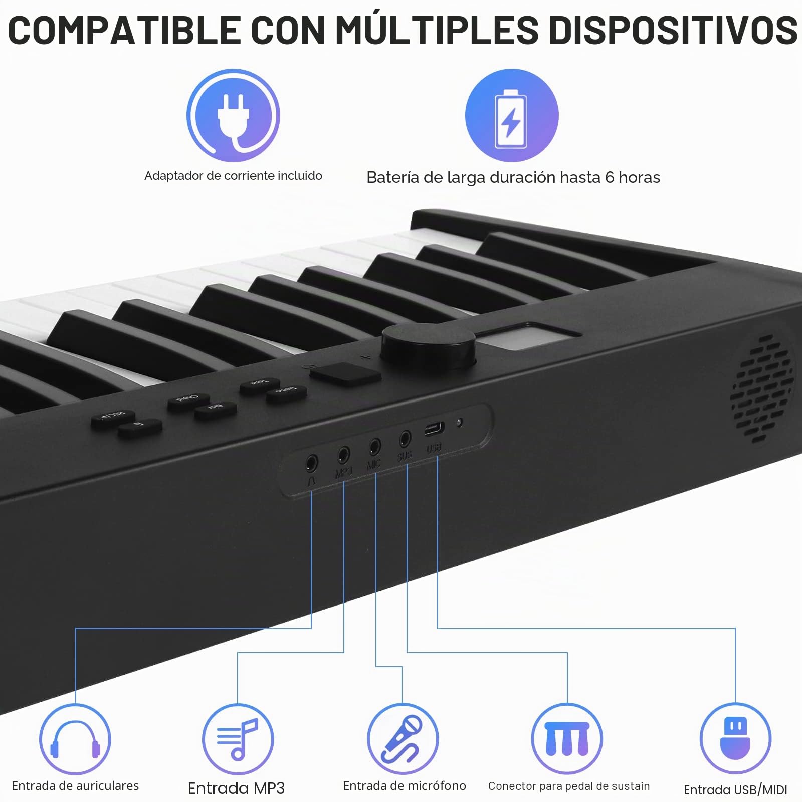 Teclado de piano plegable Kime, teclado eléctrico Piano 88 teclas Teclado plegable de piano digital semiponderado con pedal de sustain Bluetooth MIDI, cartera de música, bolsa de transporte
