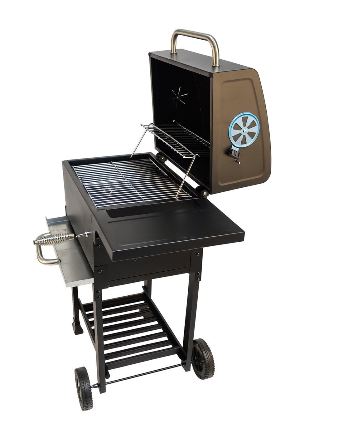 JARDIN202 - Barbacoa de Carbón con Tapa y Termómetro Kansas | Grill Ajustable con Parrilla Cromada y Calentador Superior| Ruedas Grandes | (Negro)
