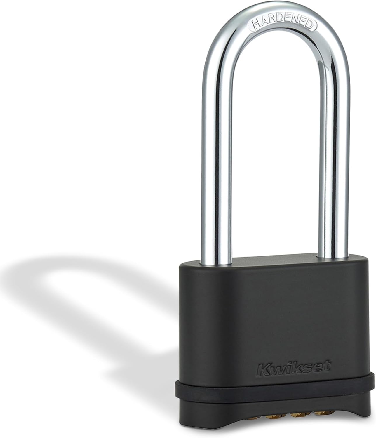 Kwikset Zinc Resettable 4-Digit Combination Padlock, Outdoor Gate and Storage Lock, 2 in Body, 2-1/4 in Shackle, 1 Pack, Black
