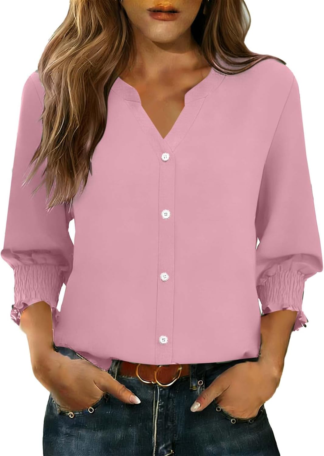 3/4 Sleeve Tops for Women Button Up Spring Summer Cardigan Shirts V-Neck Office Ladies Elegant Dressy Work Blouses