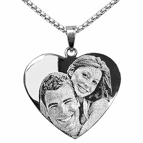 Collier avec pendentif cœur gravé photo | Bijou personnalisé en acier inoxydable pour femme | Gravure image + texte au dos | Cadeau émouvant avec coffret