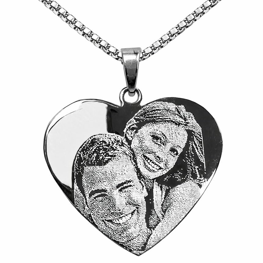 Collier avec pendentif cœur gravé photo | Bijou personnalisé en acier inoxydable pour femme | Gravure image + texte au dos | Cadeau émouvant avec coffret